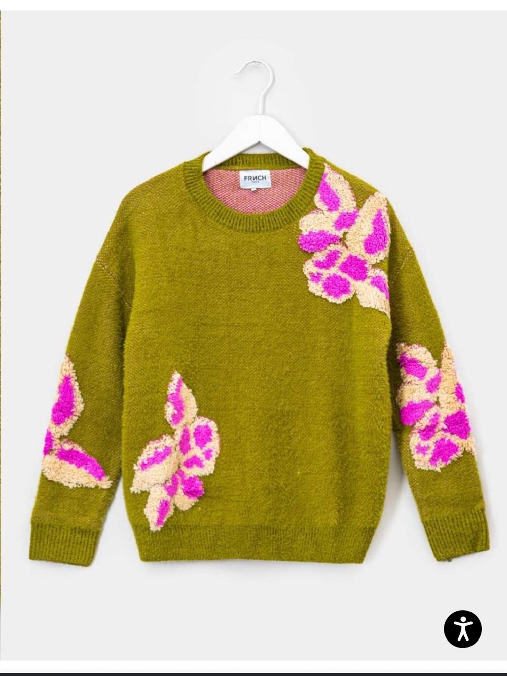 FRNCH Olive Green Sweater with Pink and Cream Floral Appliqués